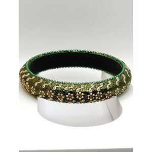 Vintage Pretty Flowered, Beads and Glitter Adorned Spring Green Bangle Bracelet